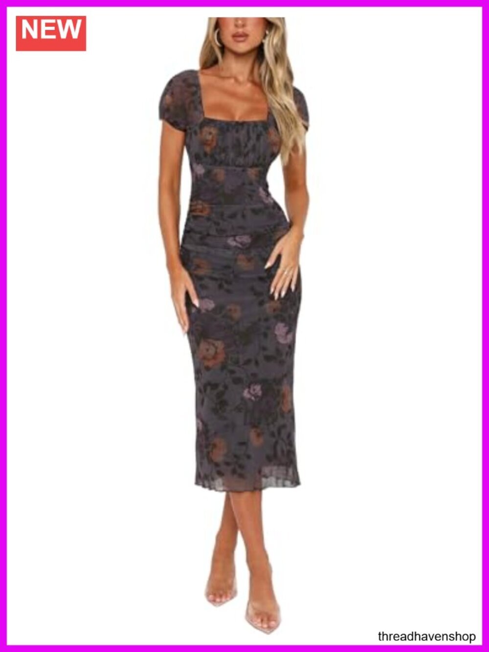 Women's Summer Midi Dress Floral Square Neck Bodycon Mesh Ruched Short Sleeve